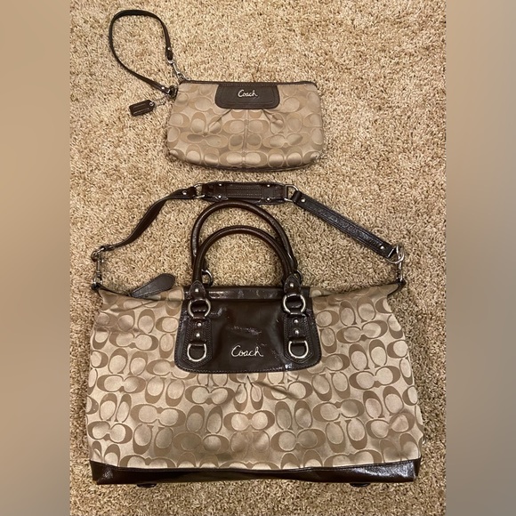 COACH Tan/Brown Ashley Signature Satin Satchel 2WAY Convertible Detachable Strap - Picture 10 of 14